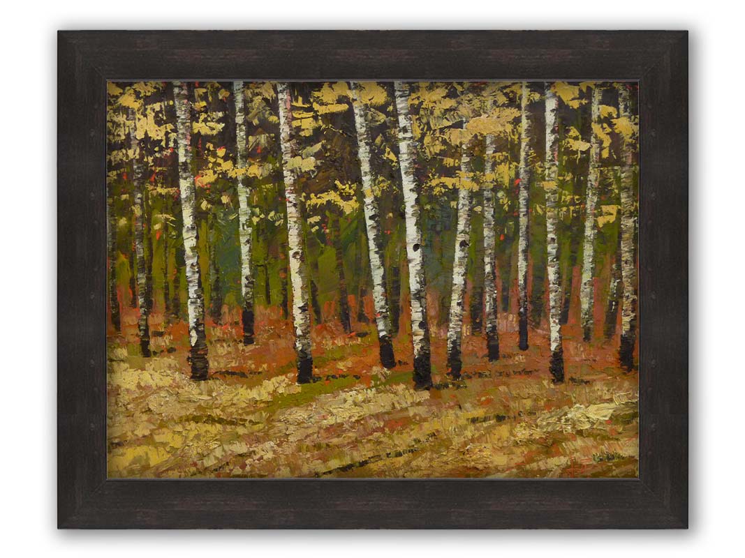 A painting of a birch forest in autumn, as the grass and leaves turn yellow. Printed on canvas and framed.