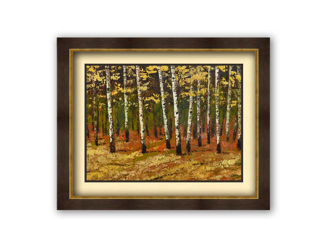 A painting of a birch forest in autumn, as the grass and leaves turn yellow. Printed on paper, matted, and framed.