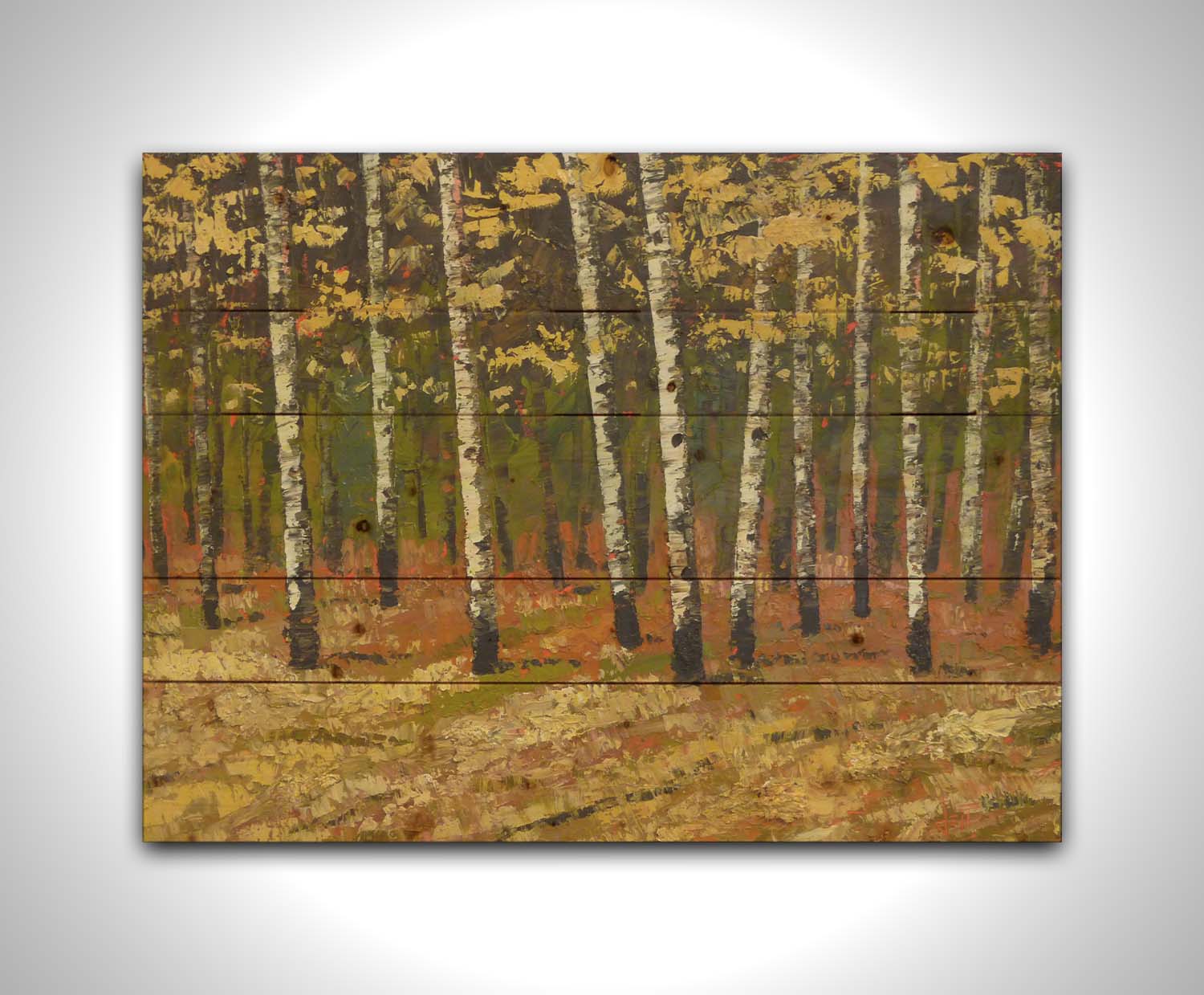 A painting of a birch forest in autumn, as the grass and leaves turn yellow. Printed on a wood pallet.