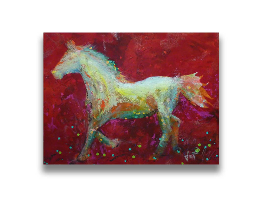 A painting of a colorful silhouette of a horse on a bold red background. Printed on canvas.