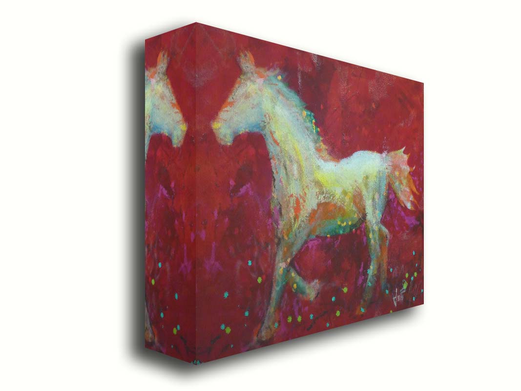 A painting of a colorful silhouette of a horse on a bold red background. Printed on canvas.