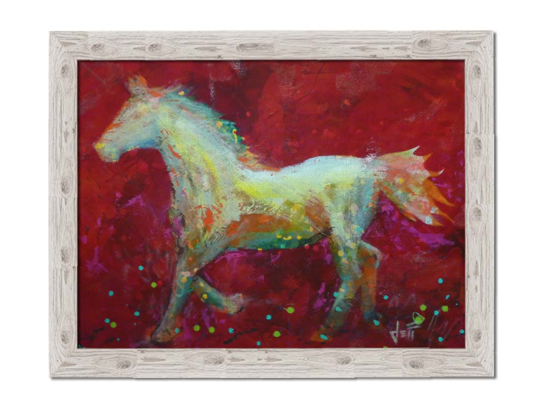 A painting of a colorful silhouette of a horse on a bold red background. Printed on canvas and framed.