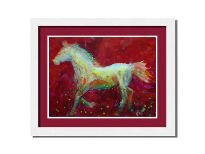 A painting of a colorful silhouette of a horse on a bold red background. Printed on paper, matted, and framed.