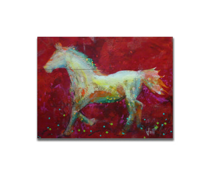 A painting of a colorful silhouette of a horse on a bold red background. Printed on a box board.