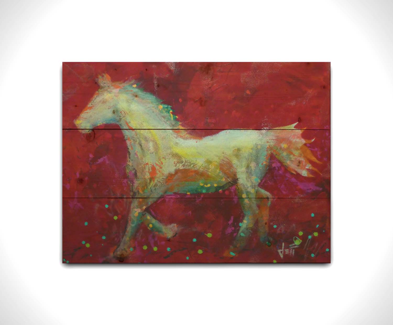 A painting of a colorful silhouette of a horse on a bold red background. Printed on a wood pallet.