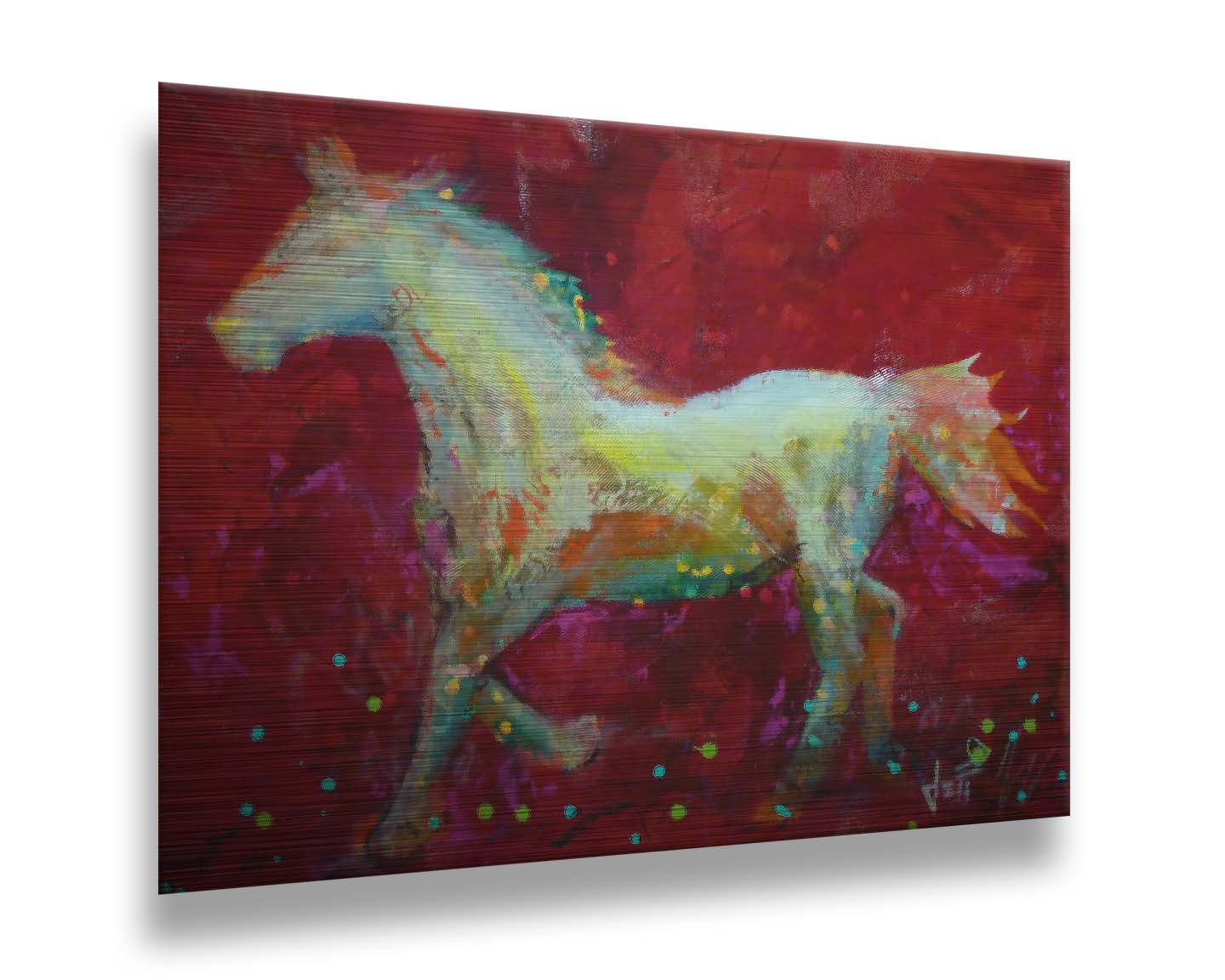 A painting of a colorful silhouette of a horse on a bold red background. Printed on metal.