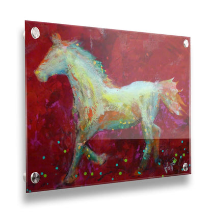 A painting of a colorful silhouette of a horse on a bold red background. Printed on acrylic.