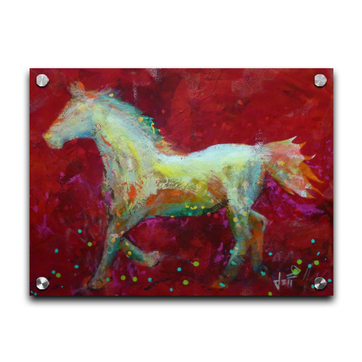 A painting of a colorful silhouette of a horse on a bold red background. Printed on acrylic.