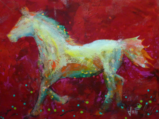 A painting of a colorful silhouette of a horse on a bold red background. 