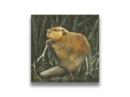 A portrait painting of a beaver chewing on a stick against a dark thicket. Printed on canvas.