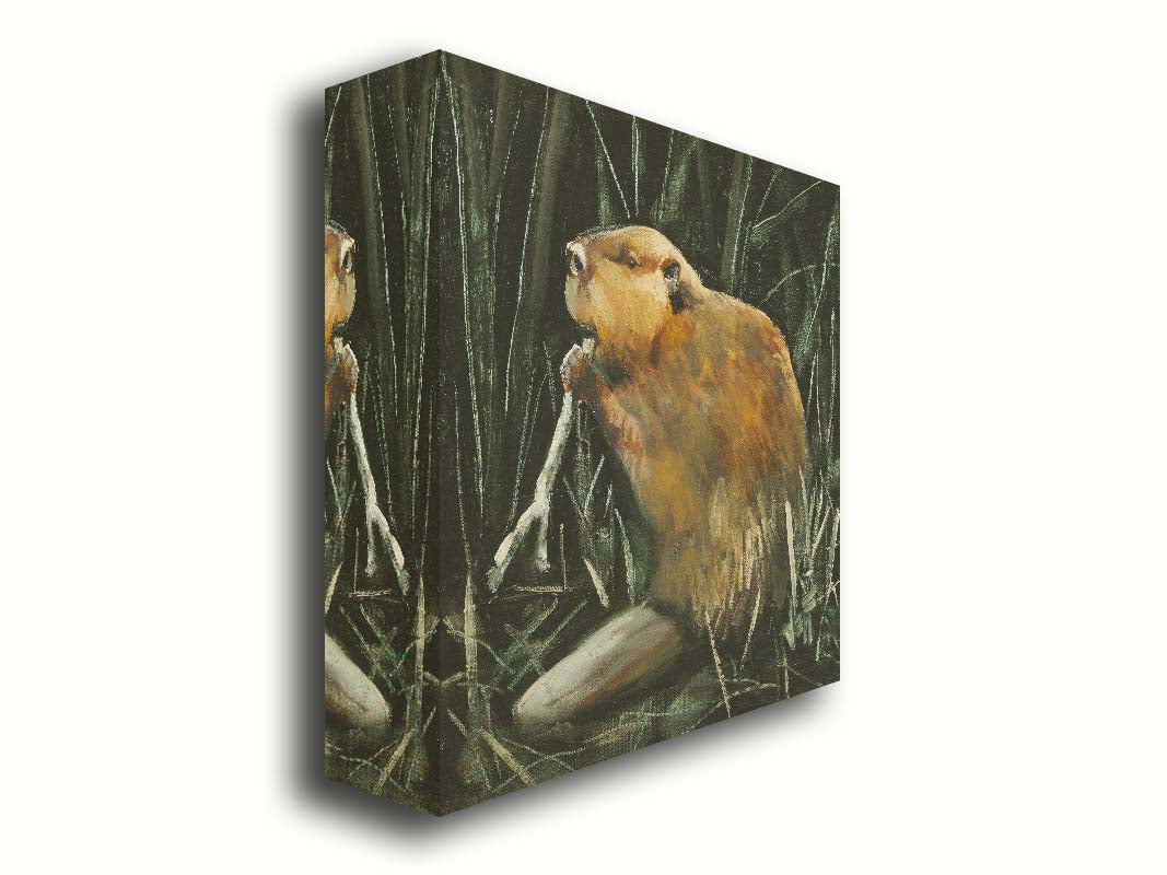 A portrait painting of a beaver chewing on a stick against a dark thicket. Printed on canvas.