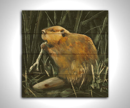 A portrait painting of a beaver chewing on a stick against a dark thicket. Printed on a wood pallet.