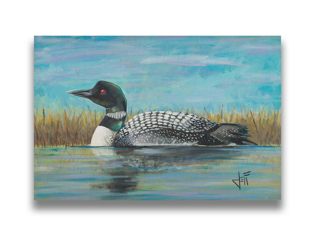 A painting of a loon swimming on the water, reflected on the surface. Printed on canvas.