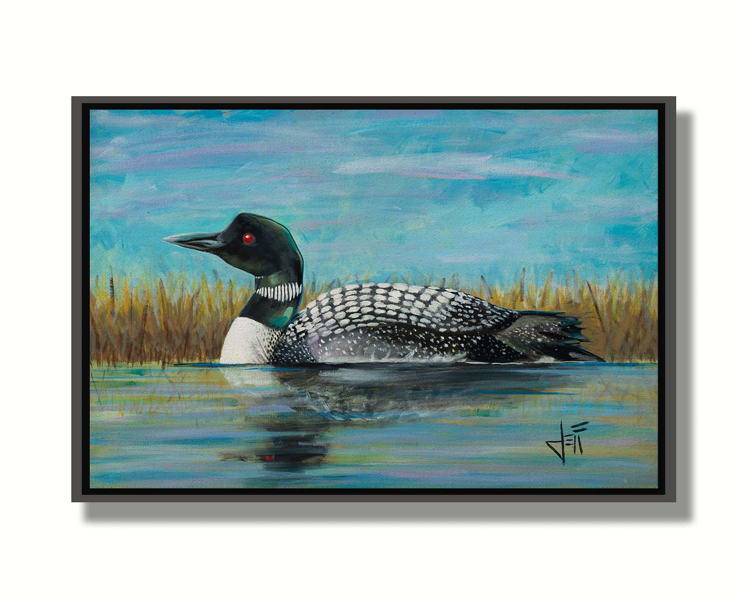 A painting of a loon swimming on the water, reflected on the surface. Printed on canvas in a float frame.