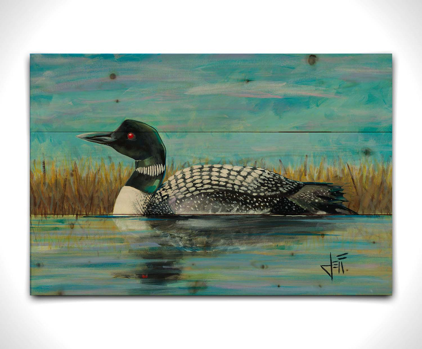 A painting of a loon swimming on the water, reflected on the surface. Printed on a wood pallet.