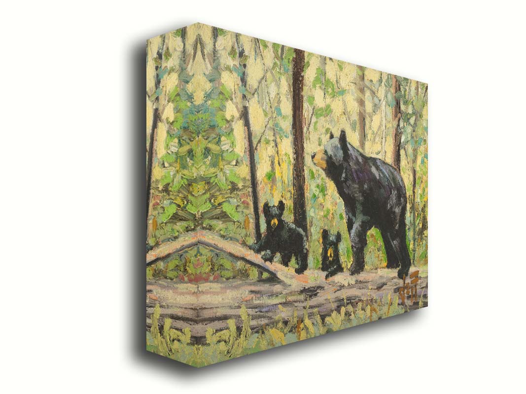 A painting of a family of three bears, walking through the forest over a log. Printed on canvas.