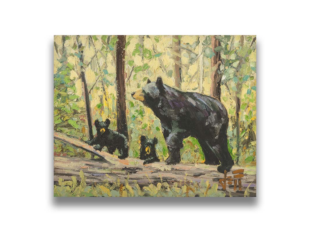 A painting of a family of three bears, walking through the forest over a log. Printed on canvas.