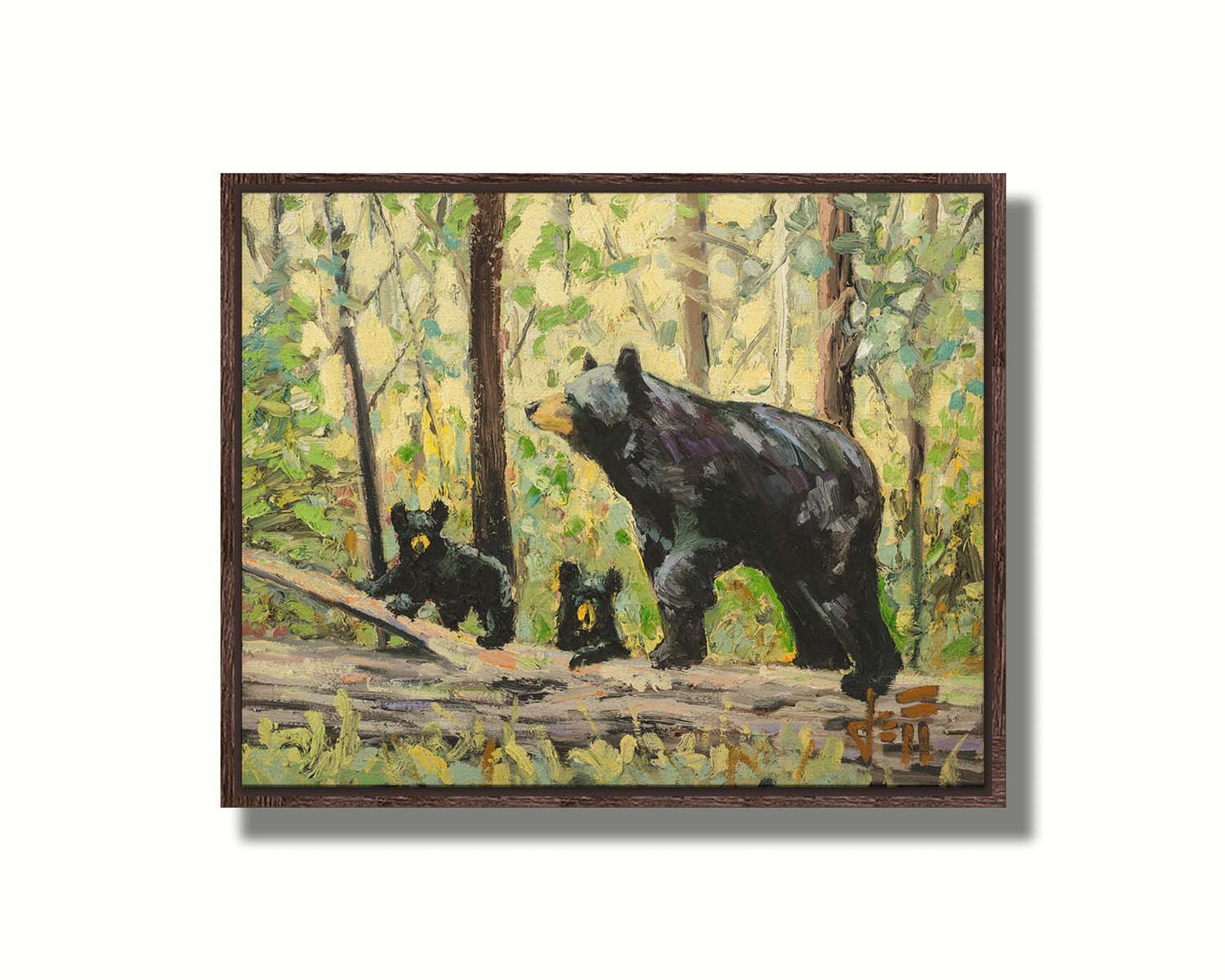 A painting of a family of three bears, walking through the forest over a log. Printed on canvas in a float frame.