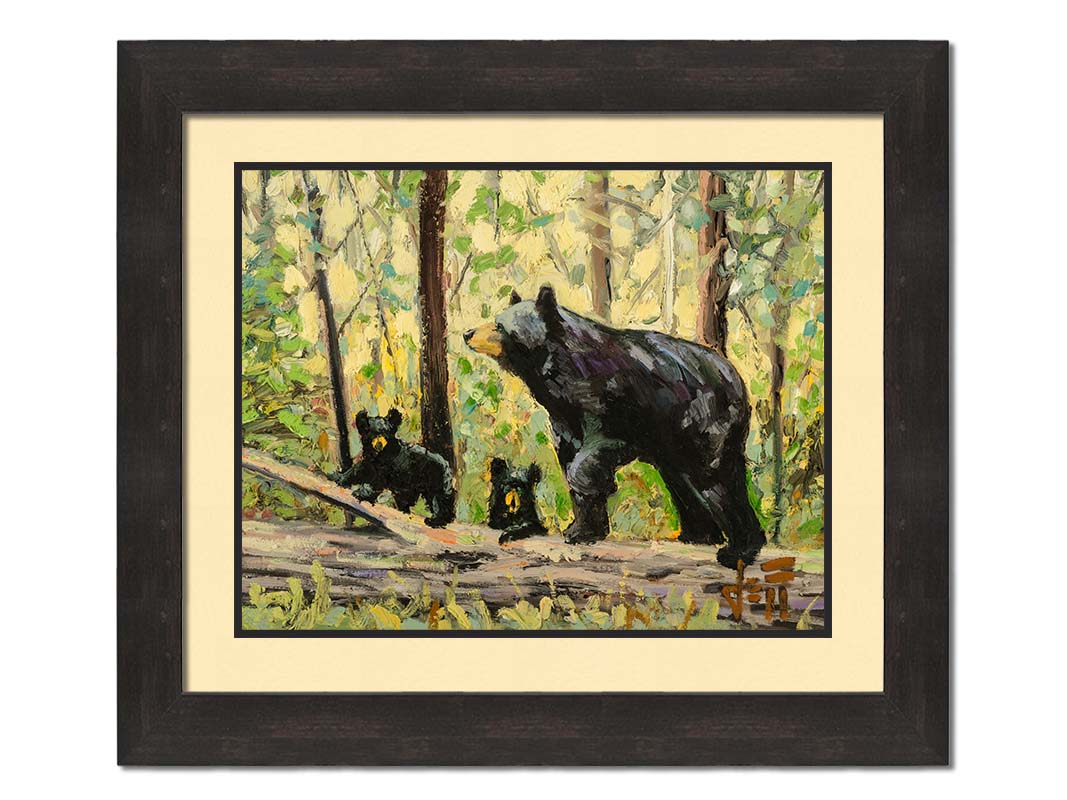 A painting of a family of three bears, walking through the forest over a log. Printed on paper, matted, and framed.