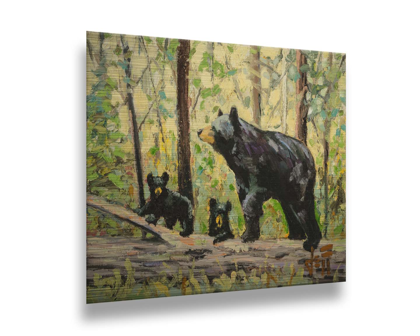 A painting of a family of three bears, walking through the forest over a log. Printed on metal.