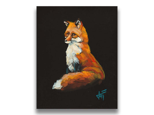 A painting of a sitting red fox sharply contrasted by a black background. Printed on canvas.