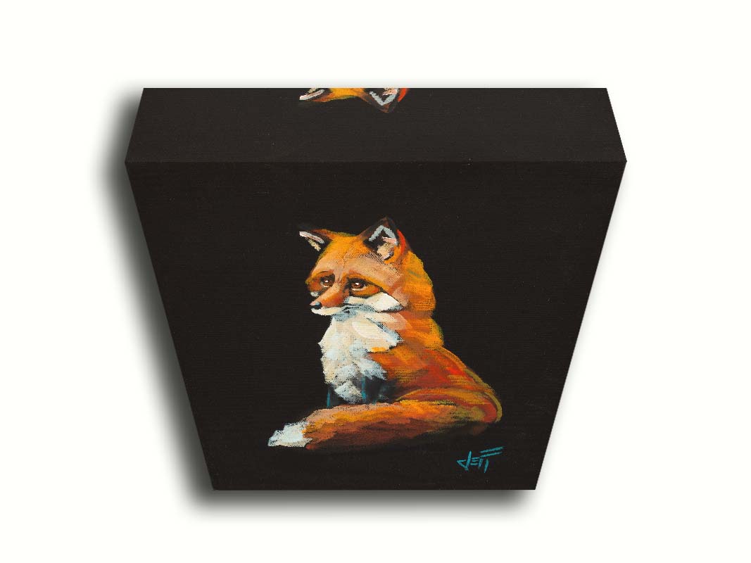 A painting of a sitting red fox sharply contrasted by a black background. Printed on canvas.