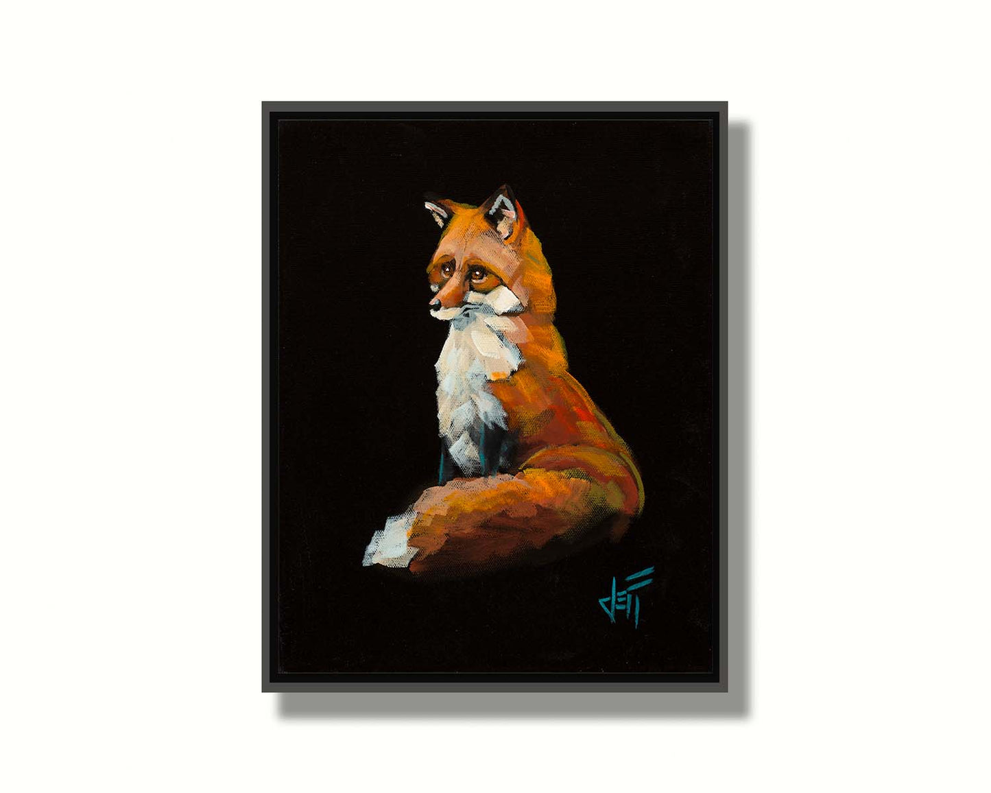 A painting of a sitting red fox sharply contrasted by a black background. Printed on canvas in a float frame.