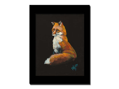 A painting of a sitting red fox sharply contrasted by a black background. Printed on canvas and framed.