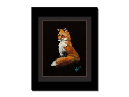 A painting of a sitting red fox sharply contrasted by a black background. Printed on paper, matted, and framed.