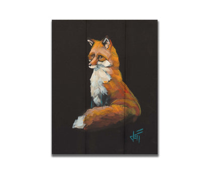 A painting of a sitting red fox sharply contrasted by a black background. Printed on a box board.