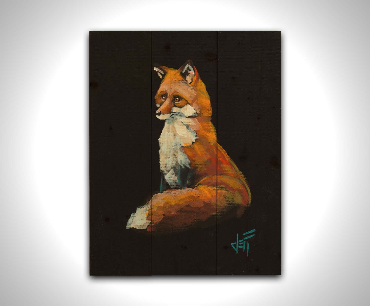 A painting of a sitting red fox sharply contrasted by a black background. Printed on a wood pallet.