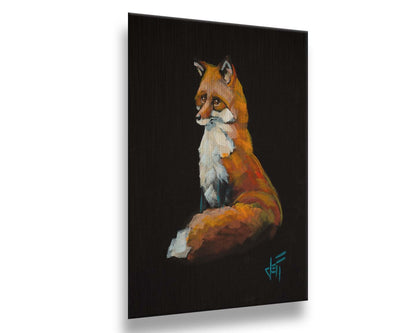 A painting of a sitting red fox sharply contrasted by a black background. Printed on metal.