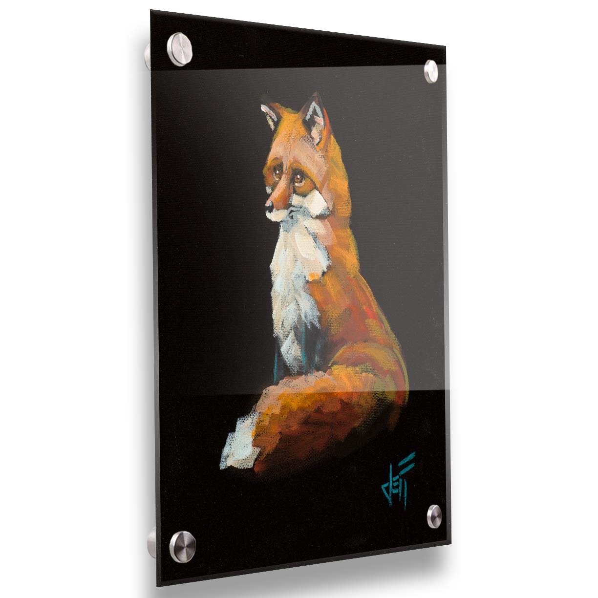 A painting of a sitting red fox sharply contrasted by a black background. Printed on acrylic.