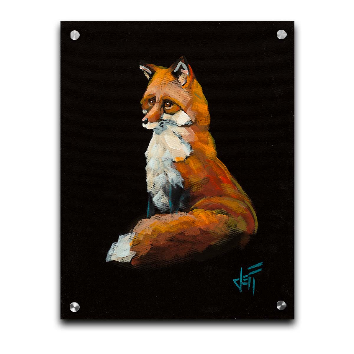 A painting of a sitting red fox sharply contrasted by a black background. Printed on acrylic.