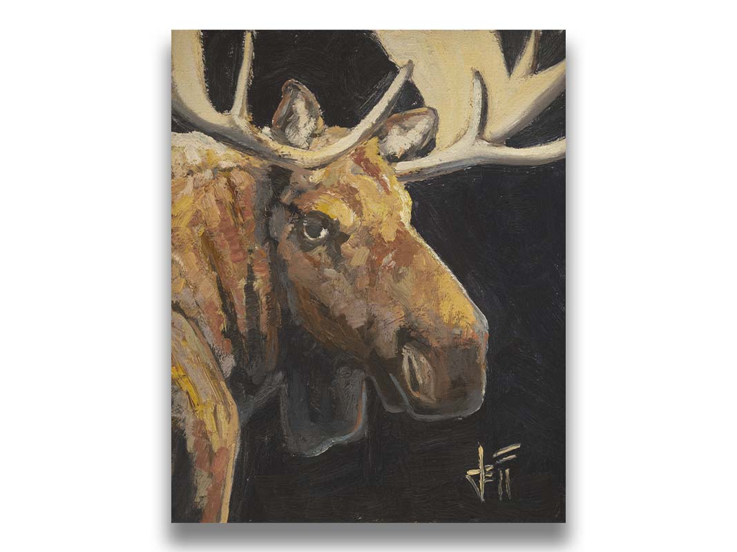 A closeup portrait painting of the face of a brown moose, in high contrast against a black background. Printed on canvas.