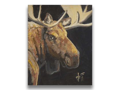 A closeup portrait painting of the face of a brown moose, in high contrast against a black background. Printed on canvas.