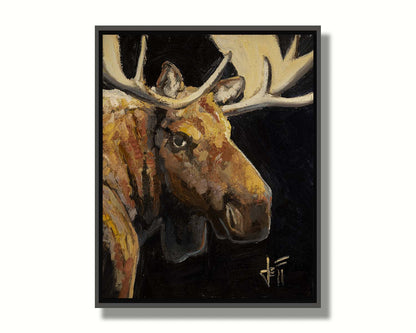 A closeup portrait painting of the face of a brown moose, in high contrast against a black background. Printed on canvas in a float frame.