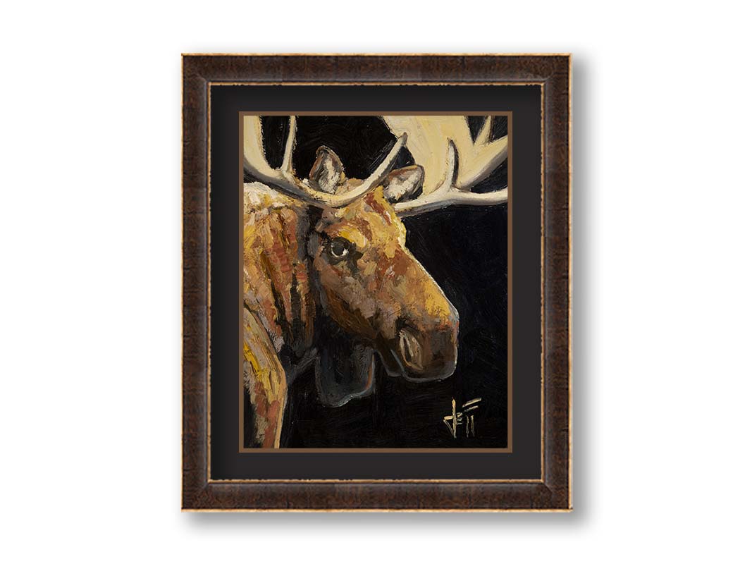 A closeup portrait painting of the face of a brown moose, in high contrast against a black background. Printed on paper, matted, and framed.