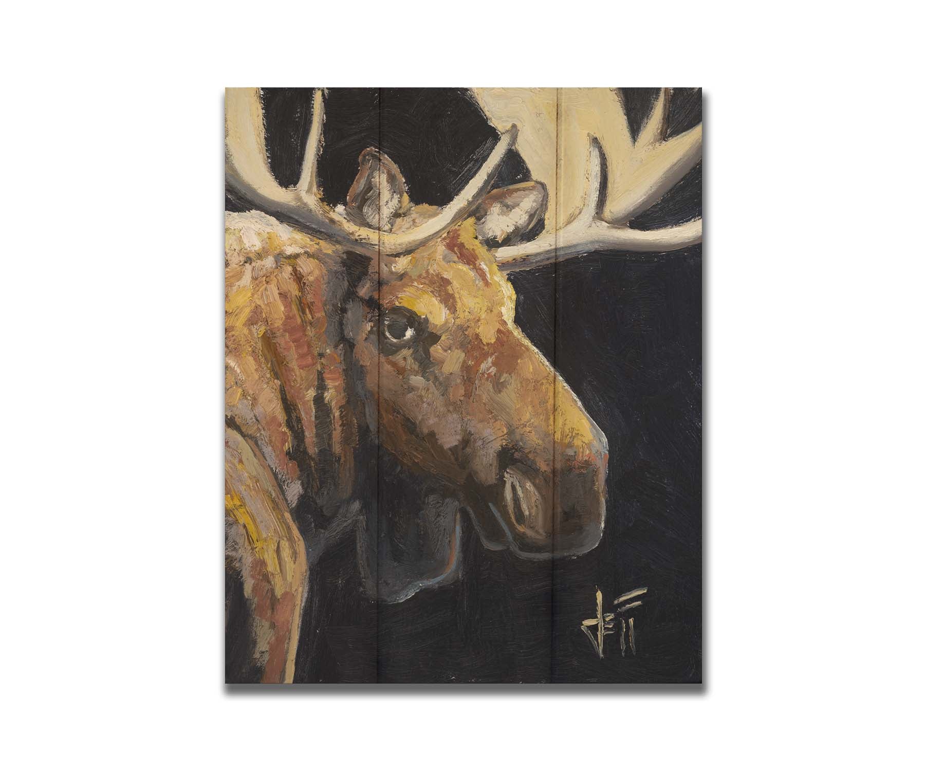 A closeup portrait painting of the face of a brown moose, in high contrast against a black background. Printed on a box board.