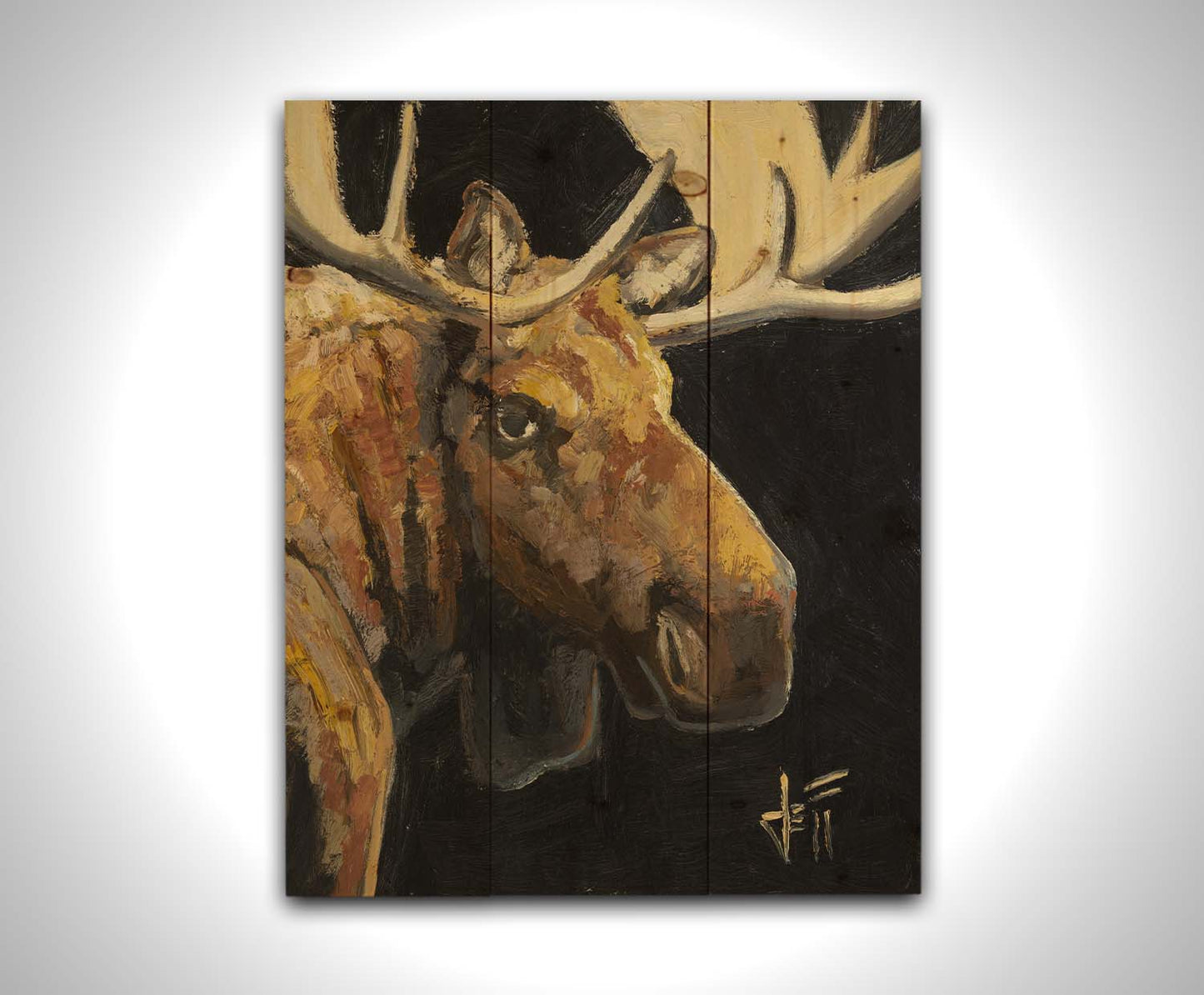 A closeup portrait painting of the face of a brown moose, in high contrast against a black background. Printed on a wood pallet.