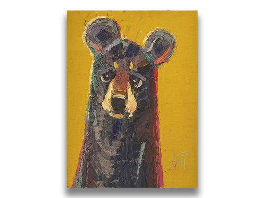 A portrait painting of a brown bear, accented with green and red, against a bright yellow background. Printed on canvas.