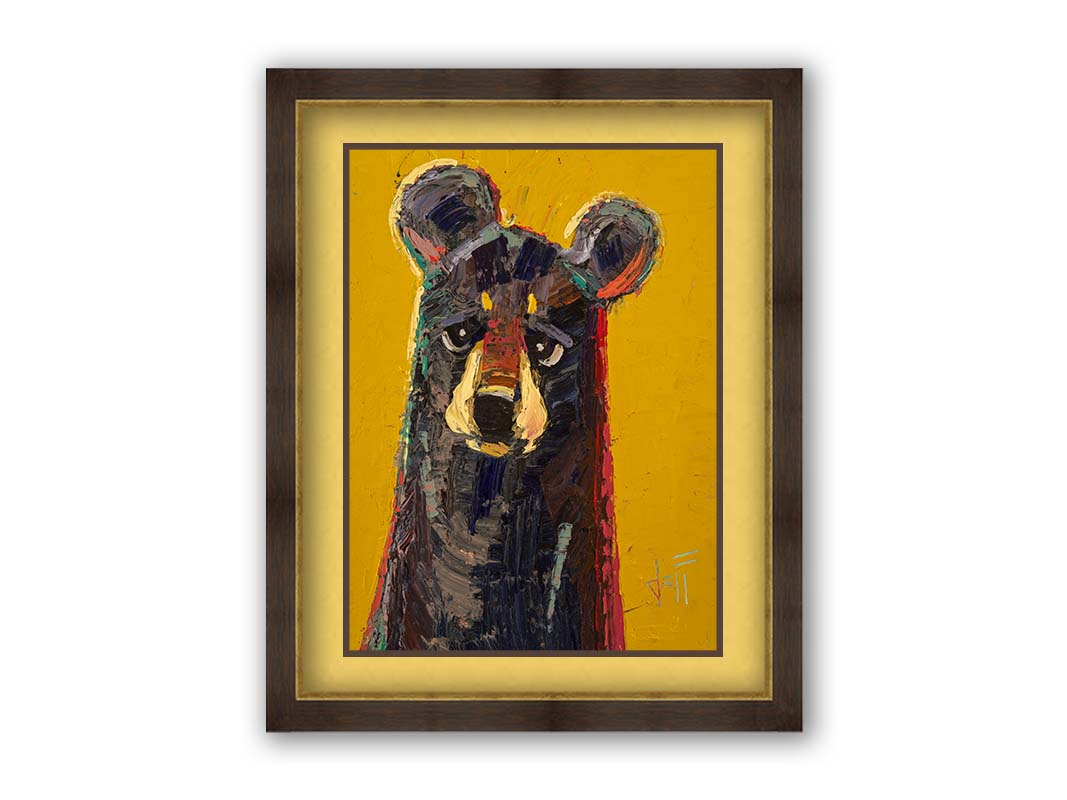 A portrait painting of a brown bear, accented with green and red, against a bright yellow background. Printed on paper, matted, and framed.