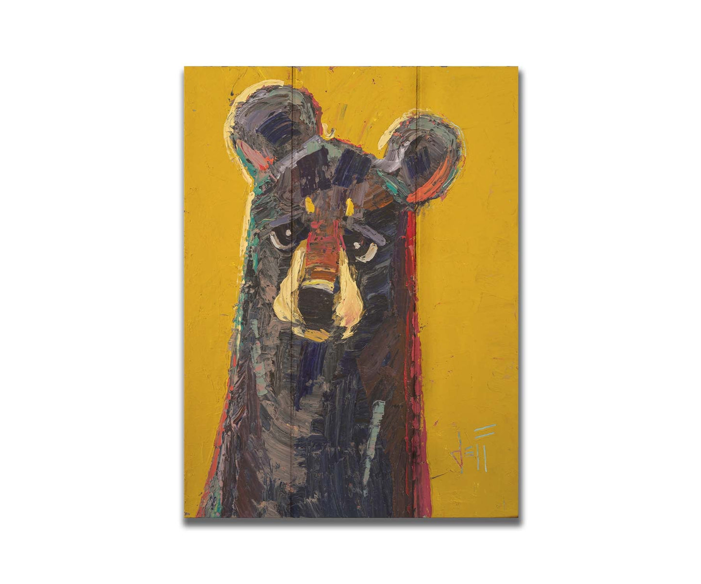 A portrait painting of a brown bear, accented with green and red, against a bright yellow background. Printed on a box board.