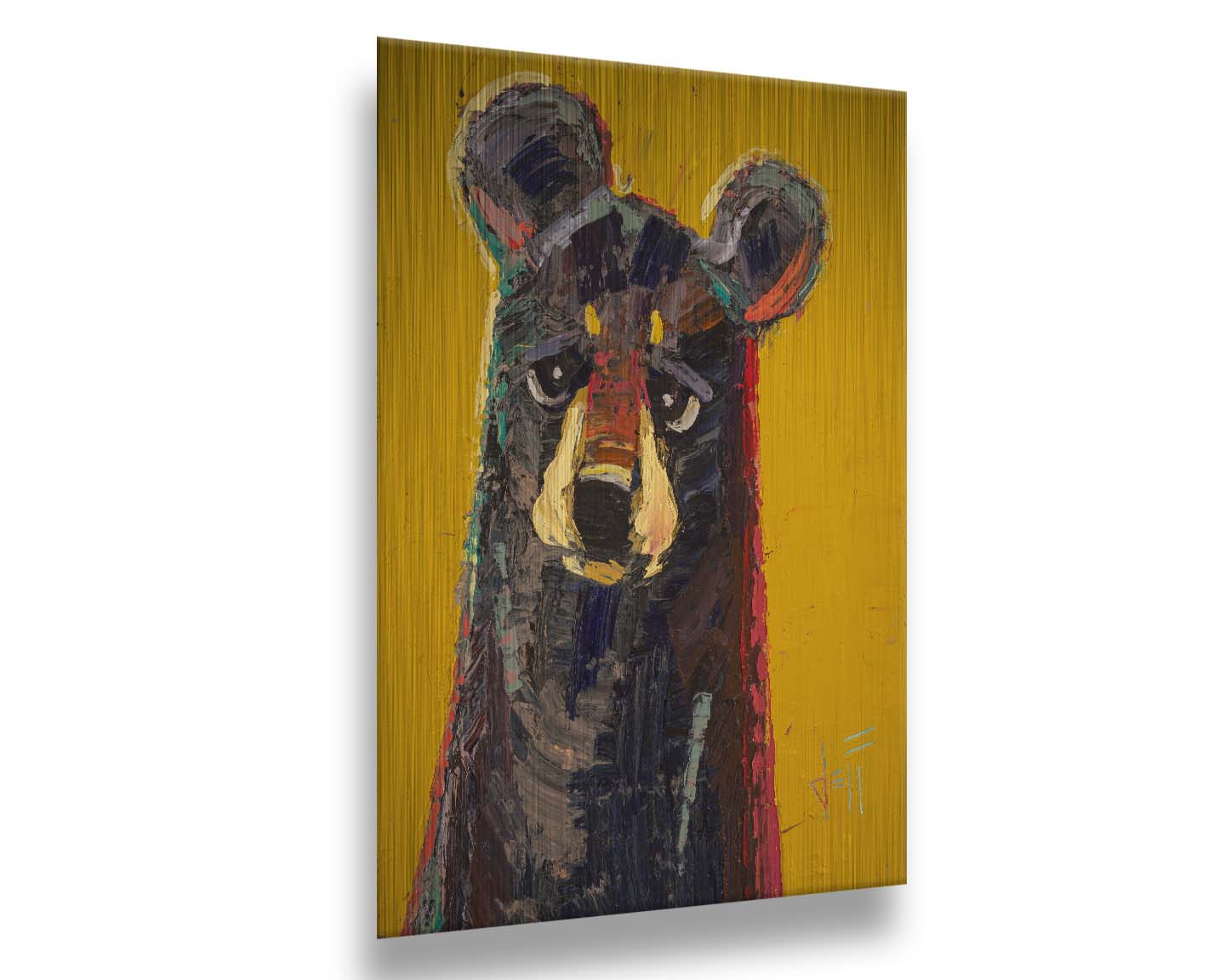 A portrait painting of a brown bear, accented with green and red, against a bright yellow background. Printed on metal.