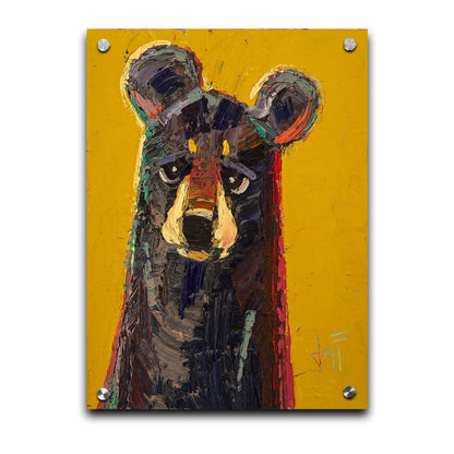 A portrait painting of a brown bear, accented with green and red, against a bright yellow background. Printed on acrylic.