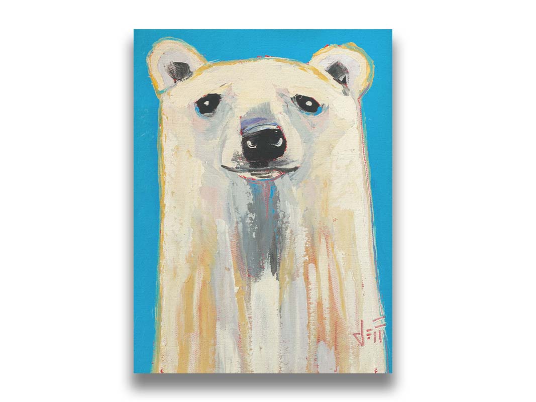 A contemporary portrait of a stylized polar bear, set against a bright blue background. Printed on canvas.