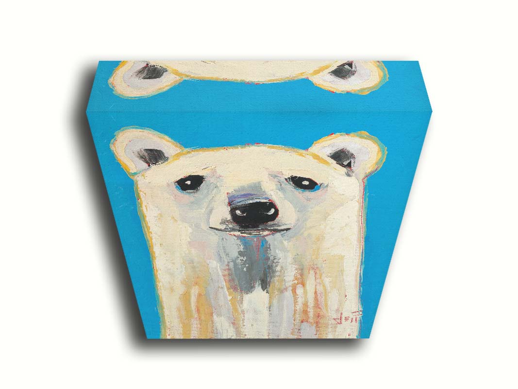 A contemporary portrait of a stylized polar bear, set against a bright blue background. Printed on canvas.