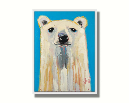 A contemporary portrait of a stylized polar bear, set against a bright blue background. Printed on canvas in a float frame.