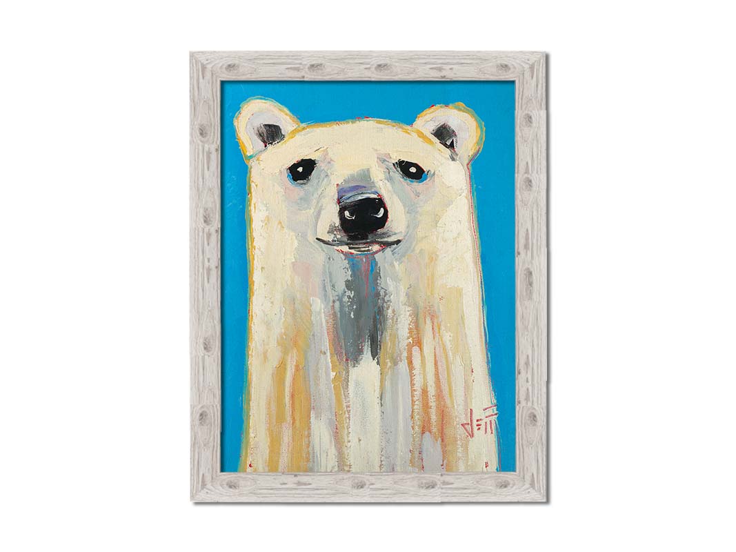 A contemporary portrait of a stylized polar bear, set against a bright blue background. Printed on canvas and framed.