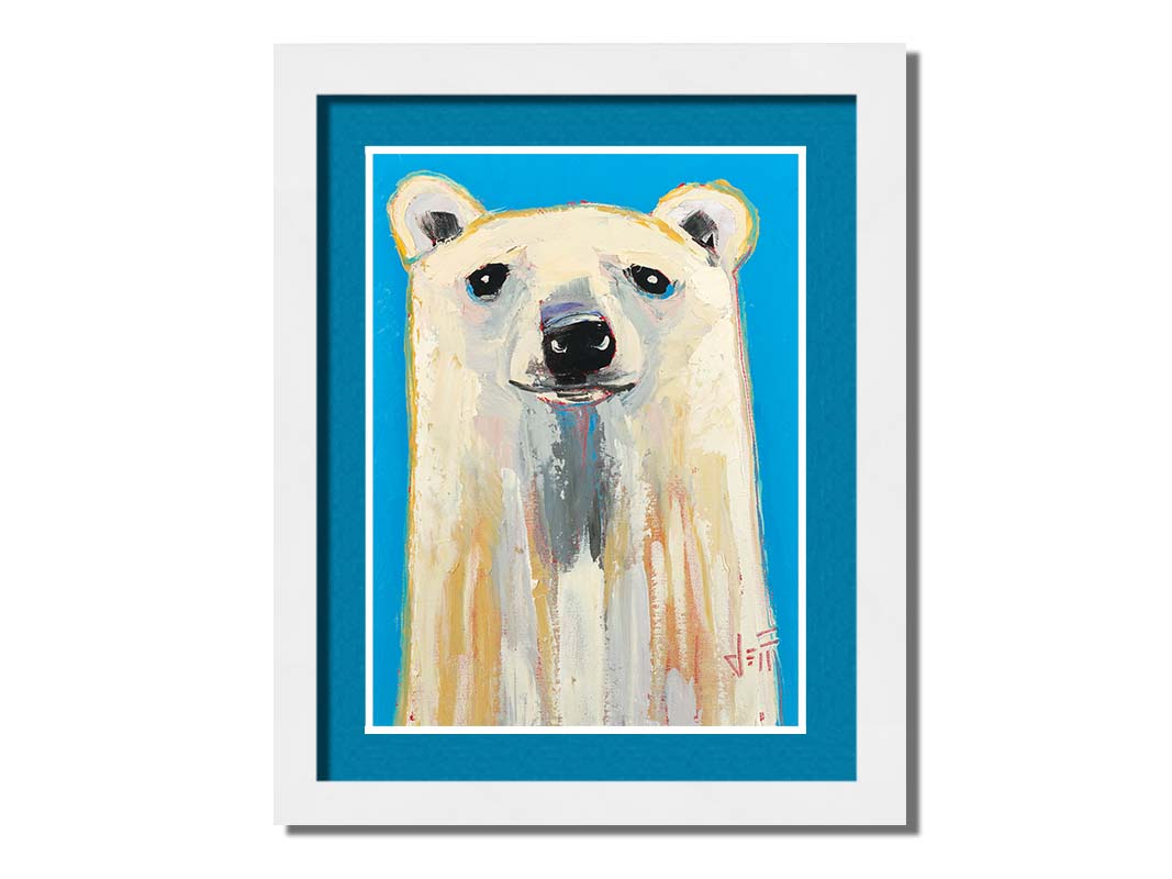 A contemporary portrait of a stylized polar bear, set against a bright blue background. Printed on paper, matted, and framed.